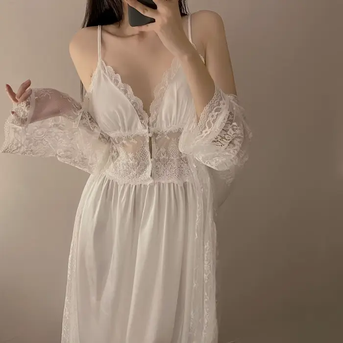 Podzimní dámské krajkové noční prádlo Župan Dvoudílné spodní prádlo Rayon šaty oblek Dámské noční košile noční prádlo Kimono šaty Set