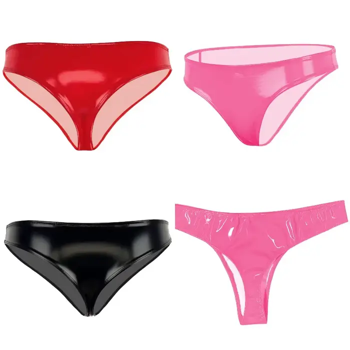 Culotte taille basse en cuir verni rouge rose pour femme – Sexy, monochrome, brillante, tendance, mode, érotique, style bikini – Nouveauté