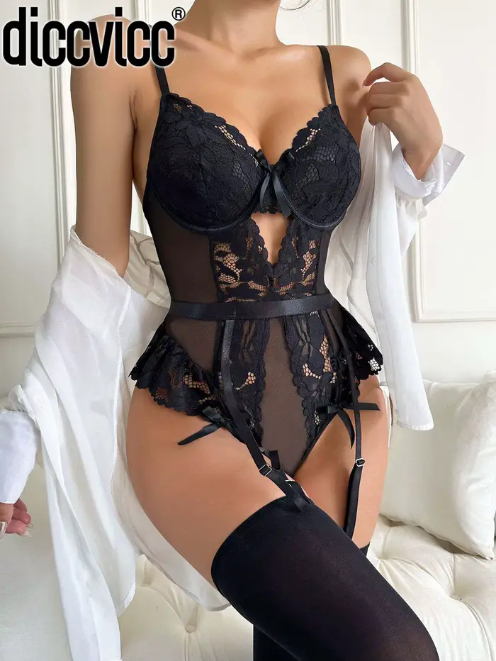 Diccvicc Sexy Spodní prádlo s nízkým tělem Průhledné květinové výšivky Krajka Ženy Spodní prádlo Erotické bodysuit Fantasy Intimní kostým