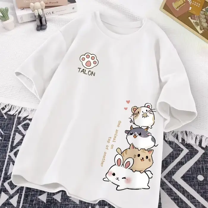 Japonský roztomilý křeček styl měkký potisk každodenní použití krátký rukáv tričko ženy volný ležérní teenager