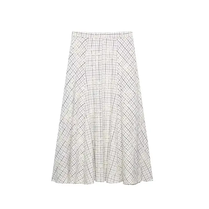 TFAFXY 2026 Ensemble d'été pour femme : Blouse brodée à carreaux avec nœud et jupe longue midi coupe