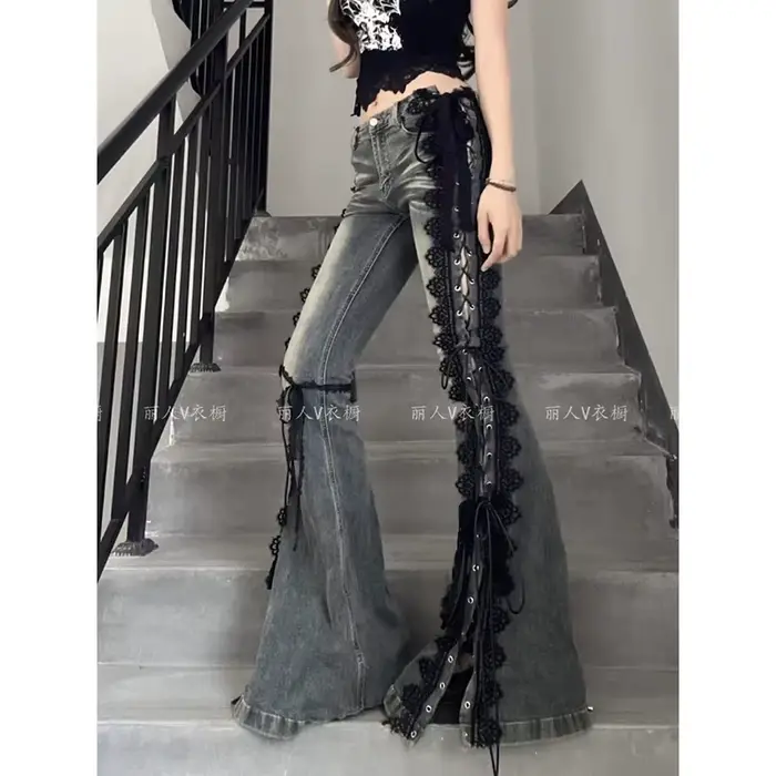 YIBASHU femmes Dark Academia Goblin Core Harajuku Y2K taille basse dentelle jean Abi Denim Flare pan