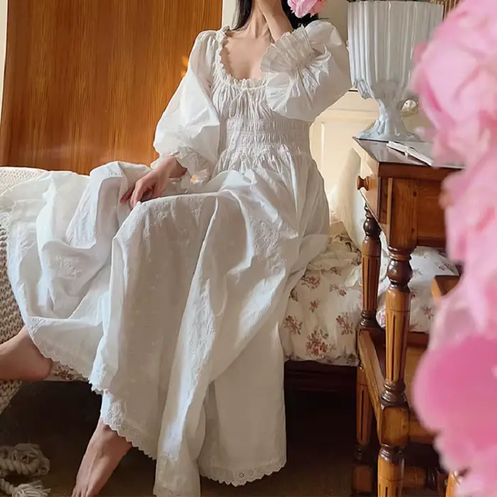 Vysoce kvalitní Vintage měkké čisté bavlněné dlouhé noční košile pro ženy dlouhý rukáv elegantní pohodlné výšivky volné noční košile
