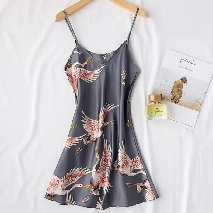 Faux injKimono-Ensemble deux pièces pour femmes, robe sexy, imprimé grue, chemise de nuit et peignoi