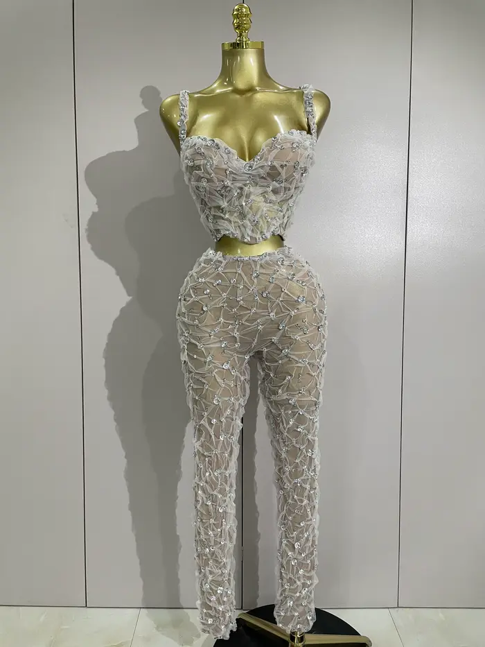 Ensemble deux pièces Sexy en dentelle pour femmes, haut à licou + pantalon Long, épissure de diamant
