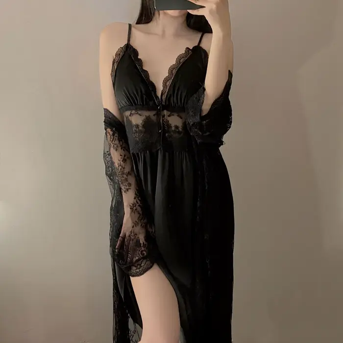 Podzimní dámské krajkové noční prádlo Župan Dvoudílné spodní prádlo Rayon šaty oblek Dámské noční košile noční prádlo Kimono šaty Set