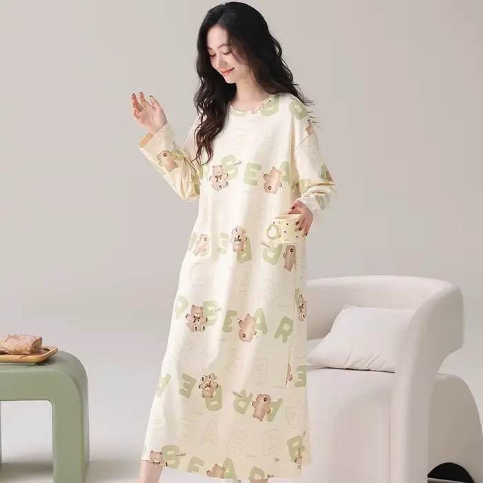 Nouvelle Robe de Nuit Femme 100% Coton, Vêtement de Nuit Mignon à Motifs de Dessins Animés