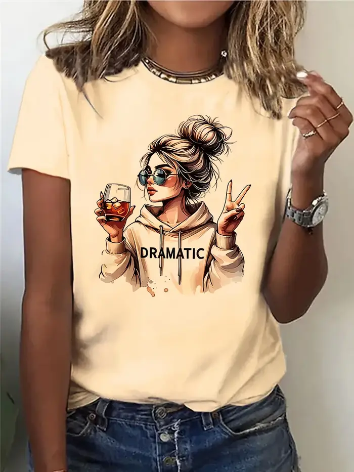 Streetwear années 90 femmes T-Shirt graphique décontracté "Dramatic" imprimé avec imprimé vin T-Shir