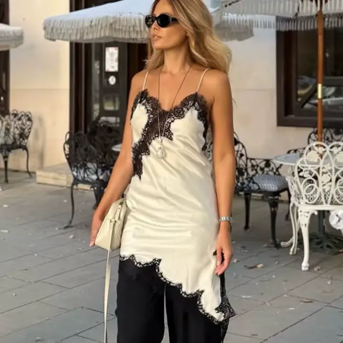 HXAO Slip femmes robes sans manches robe en dentelle noire femme asymétrique robes de soirée élégant