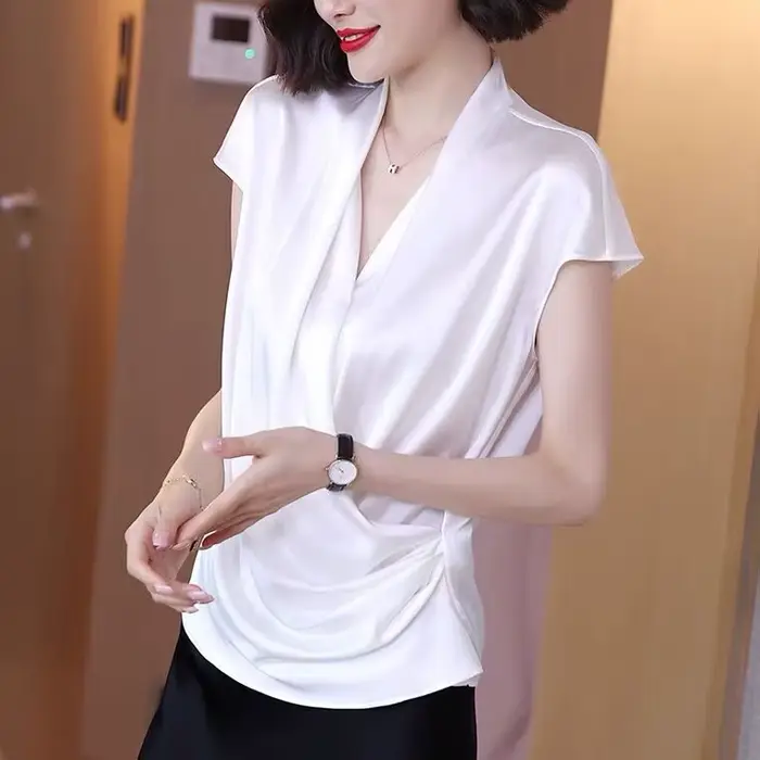 2026 été belles chemisiers pour femmes mode mousseline de soie col en V femmes Blouses Satin bureau