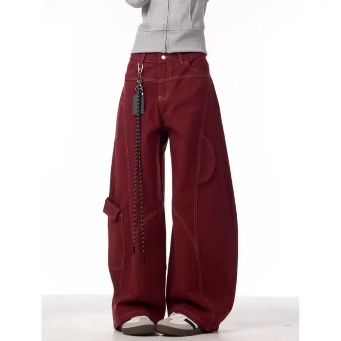 Cargo rouge jean décontracté femmes vêtements de travail pantalon ample droit jambe large pantalon p