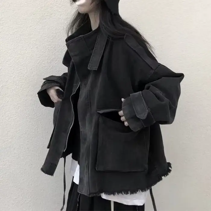 Gidyq-Veste en jean à pampilles pour femmes, mode coréenne, grande poche, adt, denim, combiné, tout 