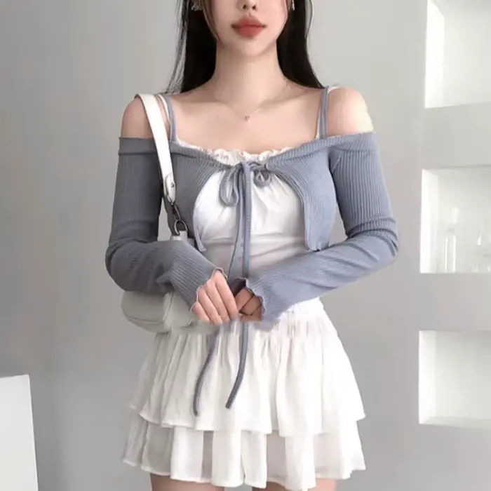 Mode rose Sexy femmes épaules nues à lacets manteaux corée printemps été nouveau doux Cardigan court