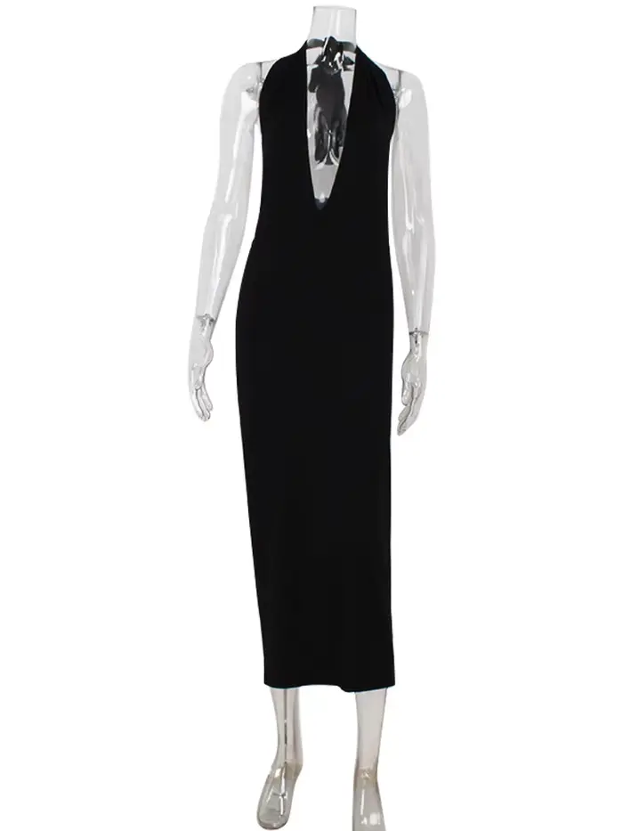 Ahagaga mode licou femmes Maxi Robes solide col en v profond sans manches noir pansement gaine moula