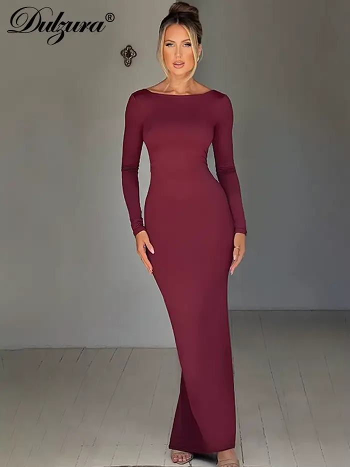 Dulzura – robe Maxi froncée, dos nu, couleur unie, automne-hiver, vêtements pour femmes, Sexy, éléga