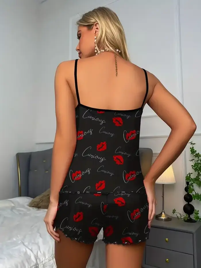 Ensemble pyjama imprimé lèvres rouges pour femmes, vêtements de nuit, col rond, haut caraco et short à taille élastique, vêtements de détente d'été