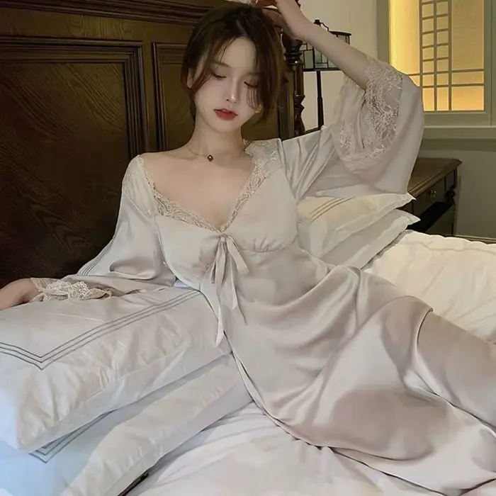 V-Neck krajka dlouhá noční košile pro ženy, sexy noční košile, noční košile palácového stylu, noční košile princezny, saténové šaty, nové