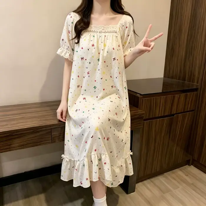 Robe de nuit décontractée pour femme à col carré, imprimé mignon, manches courtes, ourlet à volants, idéale pour l'été