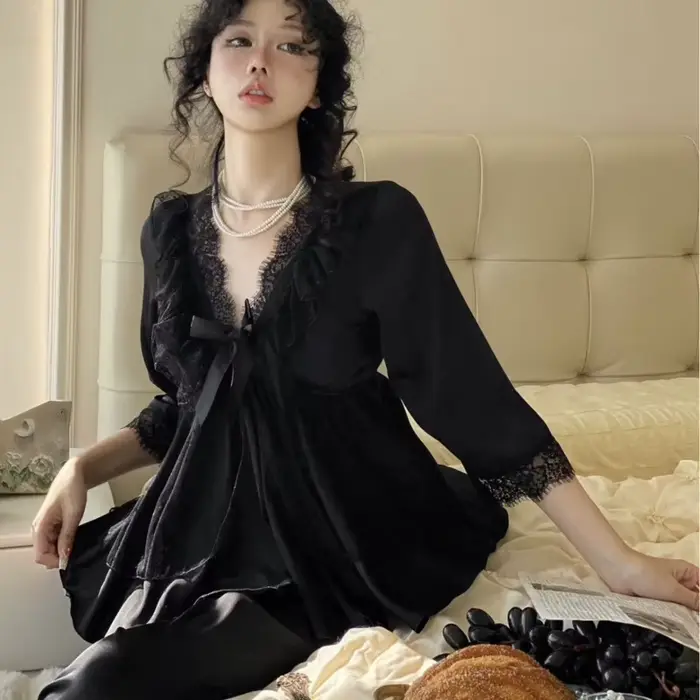 Sexy princezna pyžamo v ledové hedvábí pro ženy, sada 2 kusy krajky s motýlem mašle, měkké, dlouhé rukávy, kalhoty, noční košile, noční prádlo, jaro léto 2026