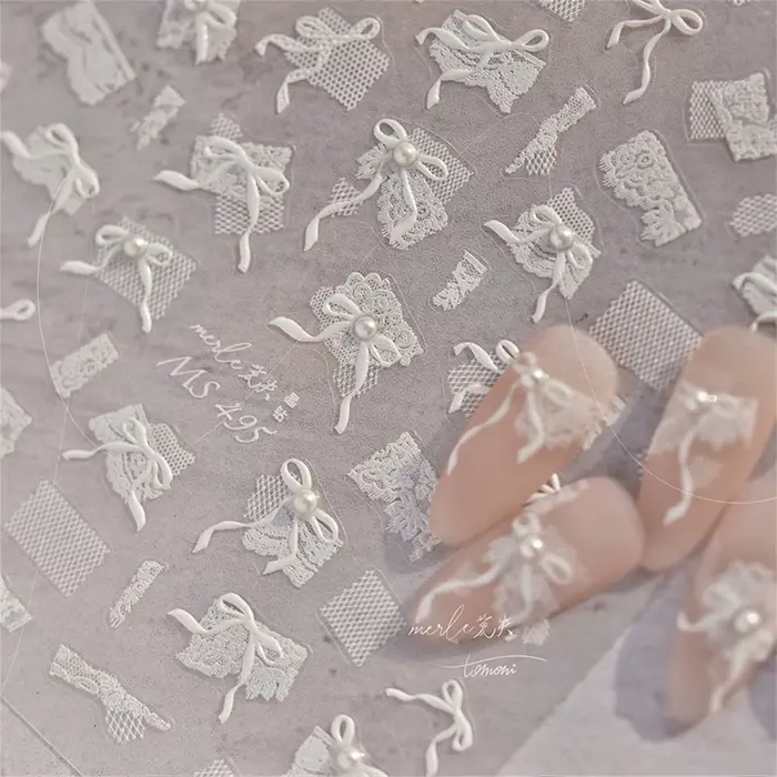 1 pièces 5D diamant japonais blanc dentelle arc Nail Art autocollants perle strass décoration des on
