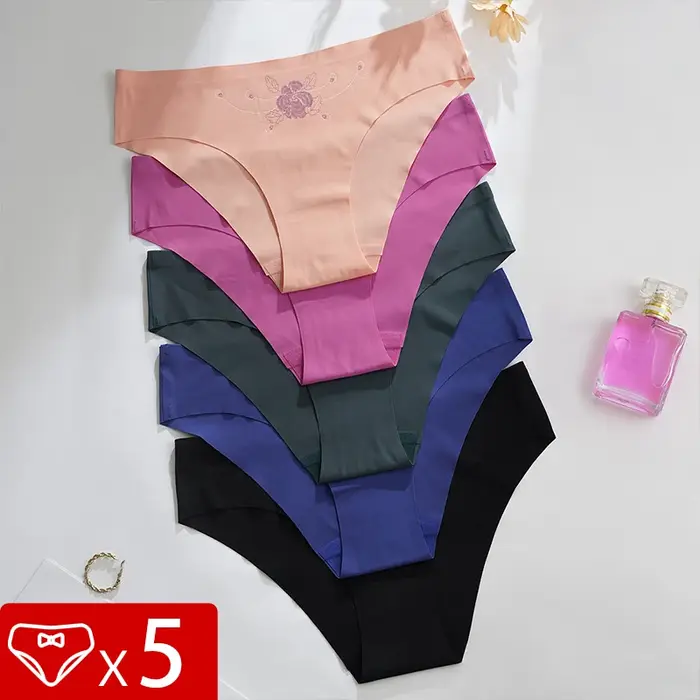 Ultra tenké bezešvé prádlo, dámské neviditelné kalhotky, slipy Sexy Ice-Cold hedvábí, nízký pas, prodyšný, pružný, měkký, 5 kusů