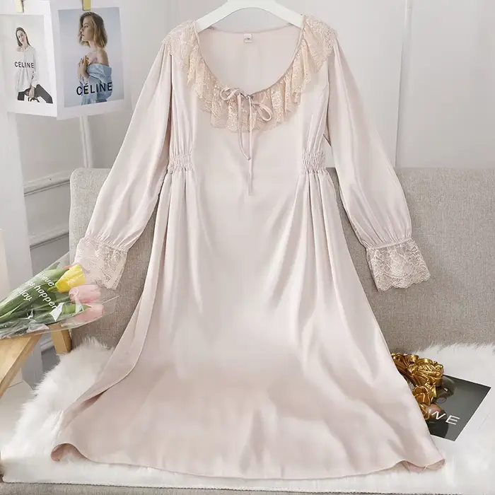 Chemise de nuit violette élégante, Vintage, col en dentelle, vêtements de nuit, rayonne, en Satin, manches longues, Lingerie, vêtements de nuit