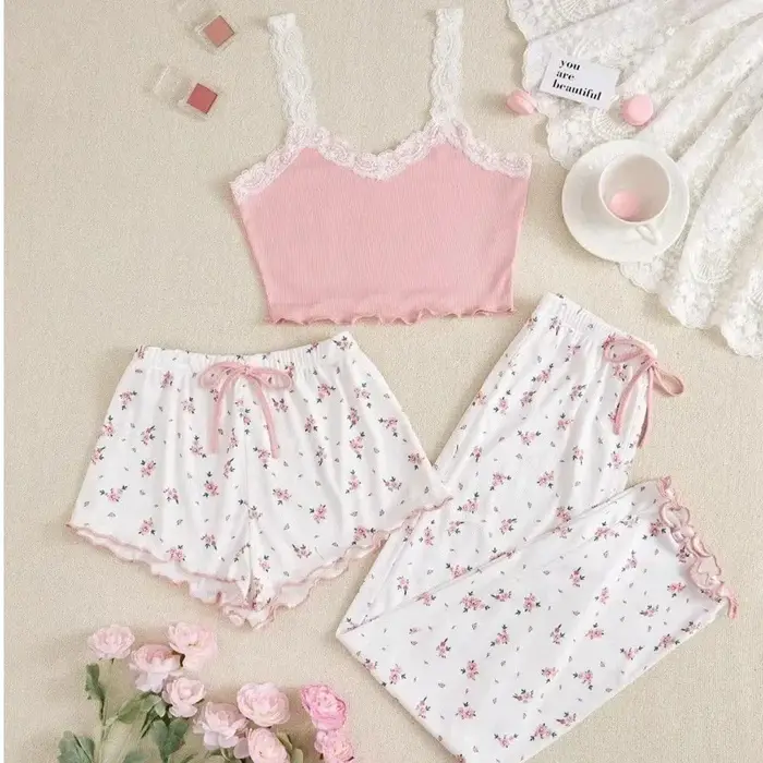 pyžama sada růžová krajka patchwork v-neck sexy noční prádlo noční košile cami oblek top potisk šortky měkké pyžamo relaxační oblečení ženy léto