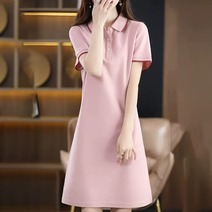 Robe longue à col polo pour femme, 100% coton doux, pull grande taille, pull à manches courtes, robe