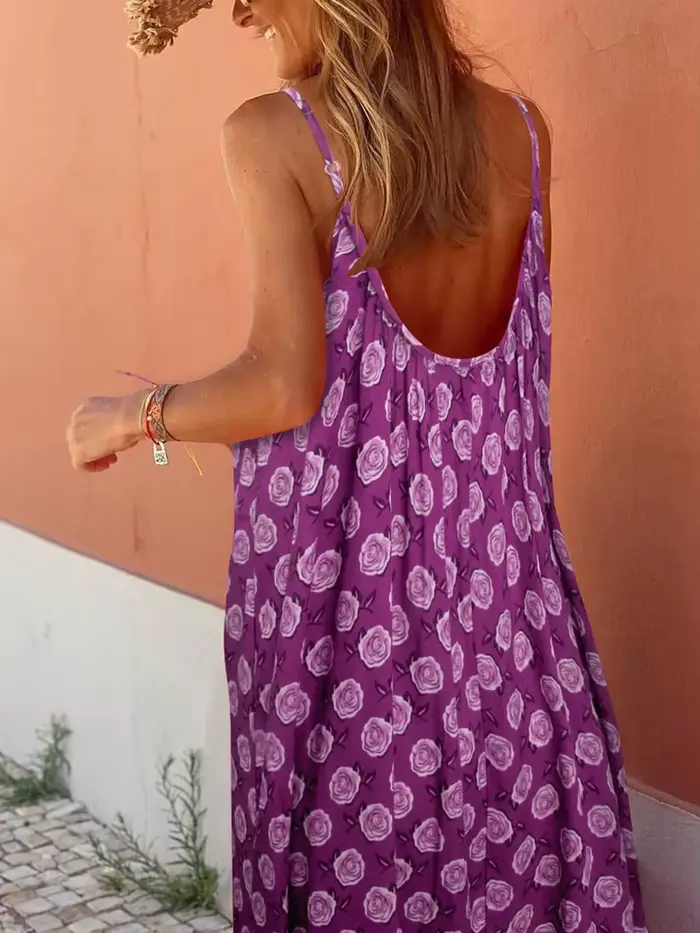 Robe longue style Boho pour femmes, sans manches, ample, imprimée, bretelles Spaghetti, robes fluide