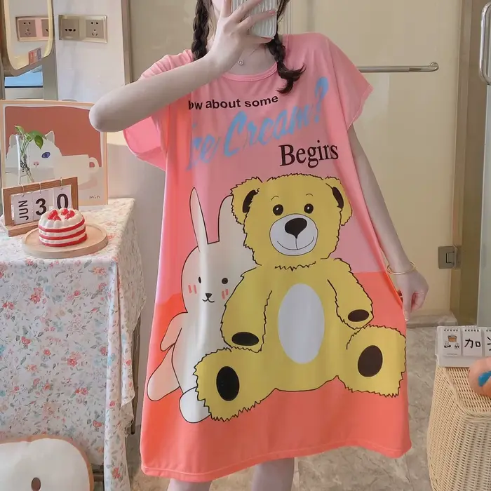 Chemise de nuit d'été et d'automne pour filles, 1 pièce, robe confortable à manches courtes, vêtements de maison pour femmes, pyjama en Polyester