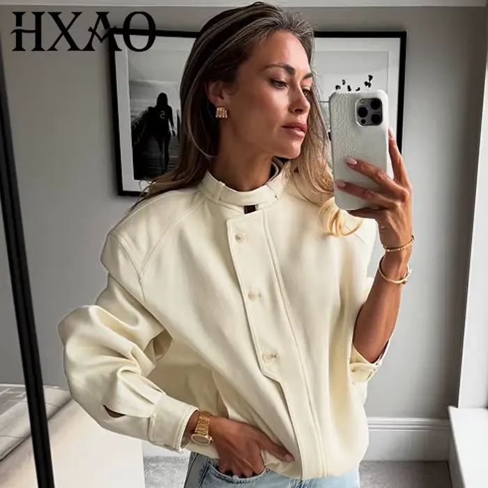 HXAO 2025 femmes Bomber veste automne hiver bouton surdimensionné vêtements d'extérieur Beige à manc