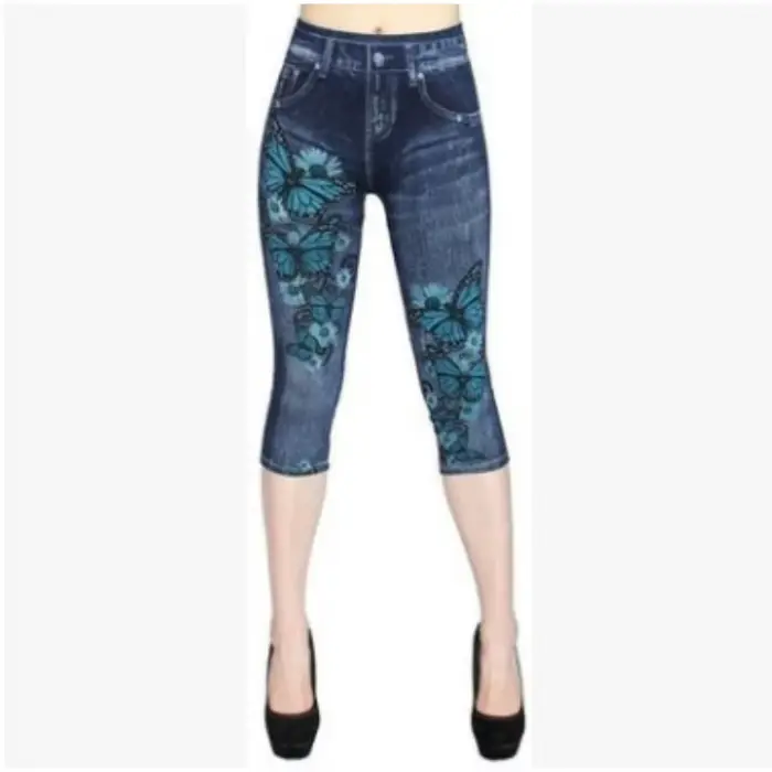 Femmes imprimer Imitation Denim Leggings maigre extensible pantacourt en plein air Jogging marche mo