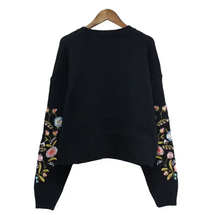 Pull Vintage brodé à col rond et fleurs pour femme, haut ample, coréen, à manches longues, à la mode