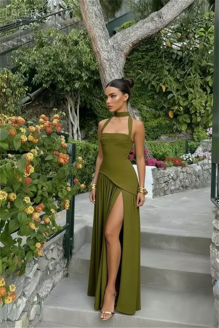 Robe longue élégante à corset et rubans pour femme style nuisette fendue soirée demoiselle d'honneur invitée mariage cocktail vert olive noir