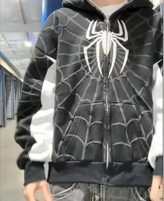 Sweat-shirt à capuche imprimé araignée pour hommes et femmes, style Hip Hop, fermeture éclair, manch