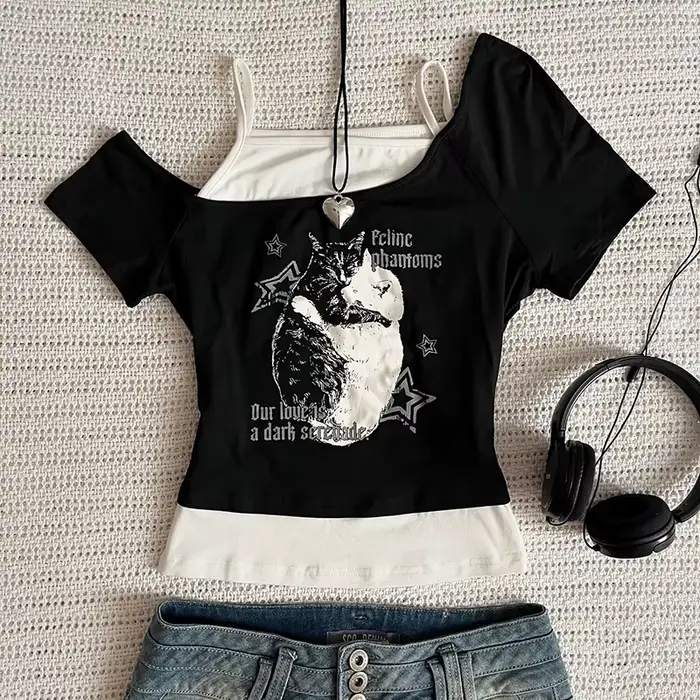 Asthetische Goth Fledermaus Brief Y2K Stil zweitelige T-Shirt Kurzarm Weste Harajuku Streetwear Hose