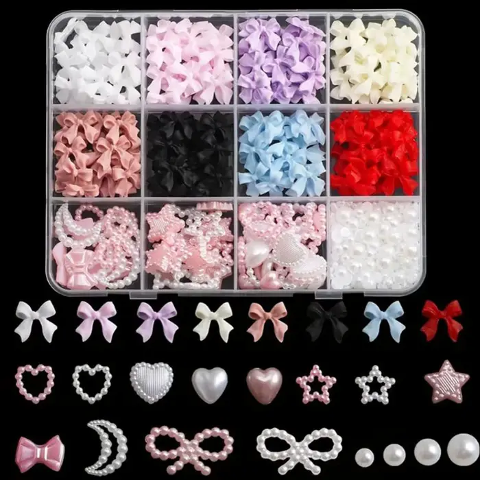 12 grilles 3D résine mixte arc/étoile/lune breloques pour ongles ruban, fleur, perle simulée Nail Ar