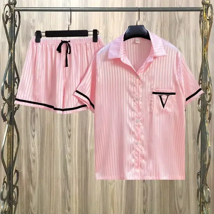 Ensemble de pyjama classique rayé pour femme, pyjama en satin rose doux et mignon, deux pièces, été,