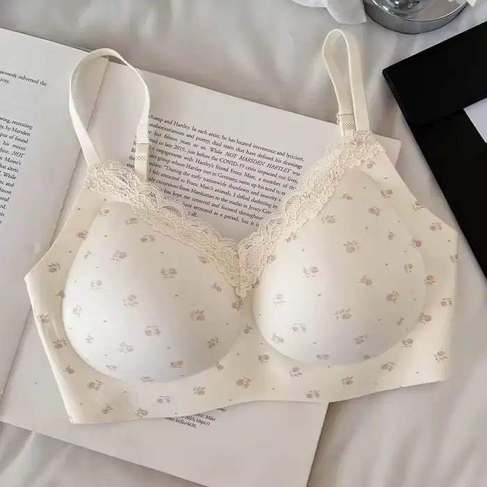 Soutien-gorge en dentelle élégante à imprimé floral pour femmes, style ado, petite poitrine, push-up, anti-affaissement, sans coutures, bretelles ajustées