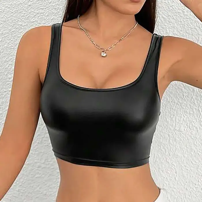 Juniorské dámské polyesterové tílko, ležérní styl, léto, elastické, jemné plátno, sexy topy, bez rukávů čtvercový výstřih, zeštíhlující, vestavěná košilová podprsenka