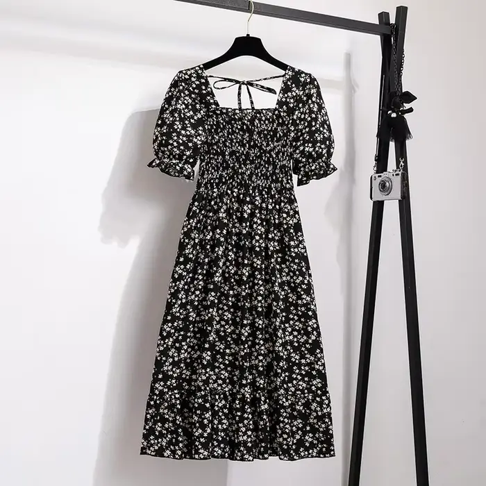 Printemps été robes en mousseline de soie mode femme taille élastique à manches courtes plissée tenu