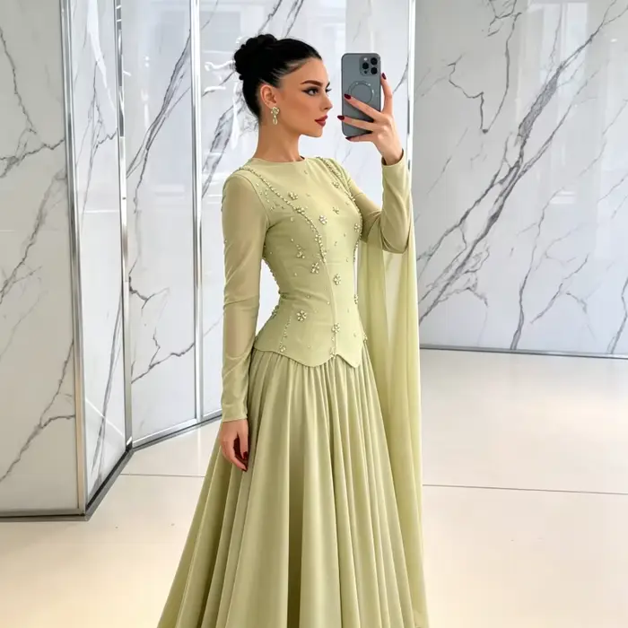 Robe de soirée corset à manches longues 2026 avec appliques florales perlées, dos lacé, coupe trapèze, pour femmes, élégante pour soirées officielles et événements spéciaux