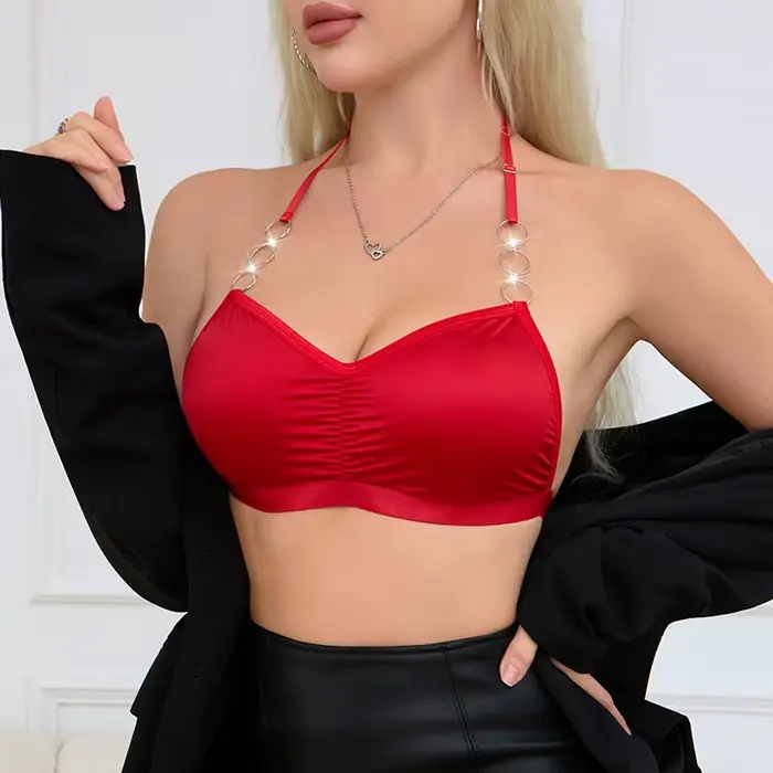 1 ks Červená dámská bralette s kovovými kroužky, backless, crop top style, v rozcuchaném saténu, na večer, noční klub, klubové oblečení, spodní prádlo