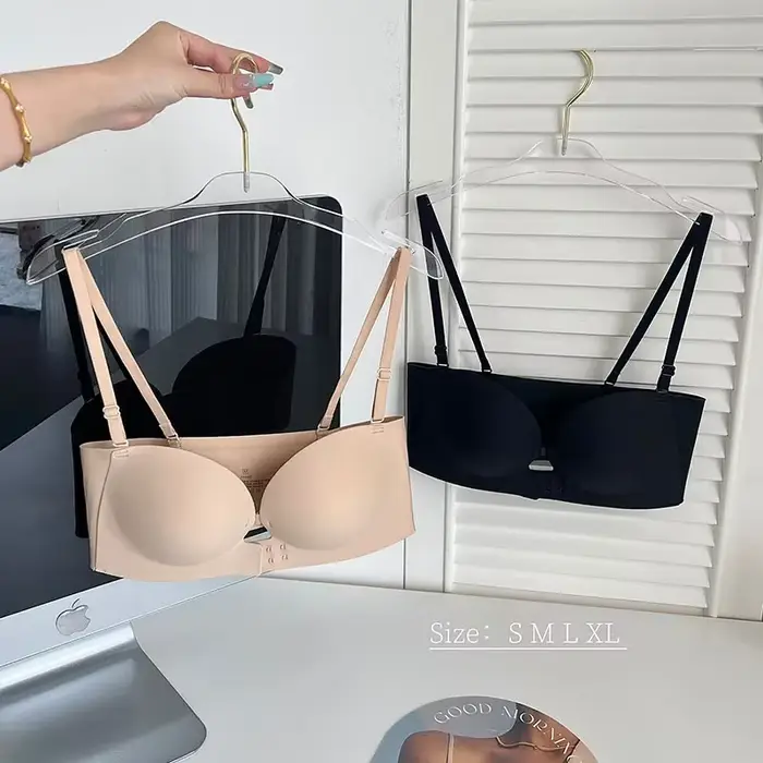 Bez ramínek neviditelná podprsenka, neviditelný tekutý základ, dvojitá přední přezka, elegantní záda, protiskluzová, pro malý hrudník, push-up efekt, zdobení zad