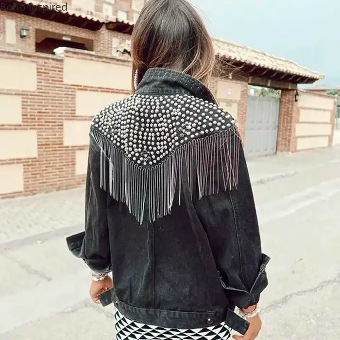TEELYNN Boho noir Denim veste pour femmes manteaux à manches longues automne ample frange Jean veste