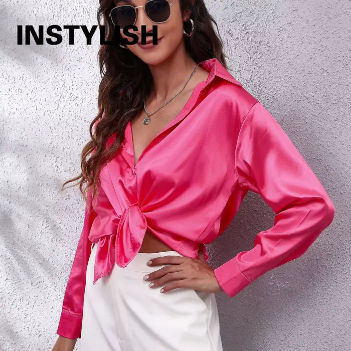 Chemise en satin élégante pour femmes, chemisier décontracté à manches longues en fausse soie, haut