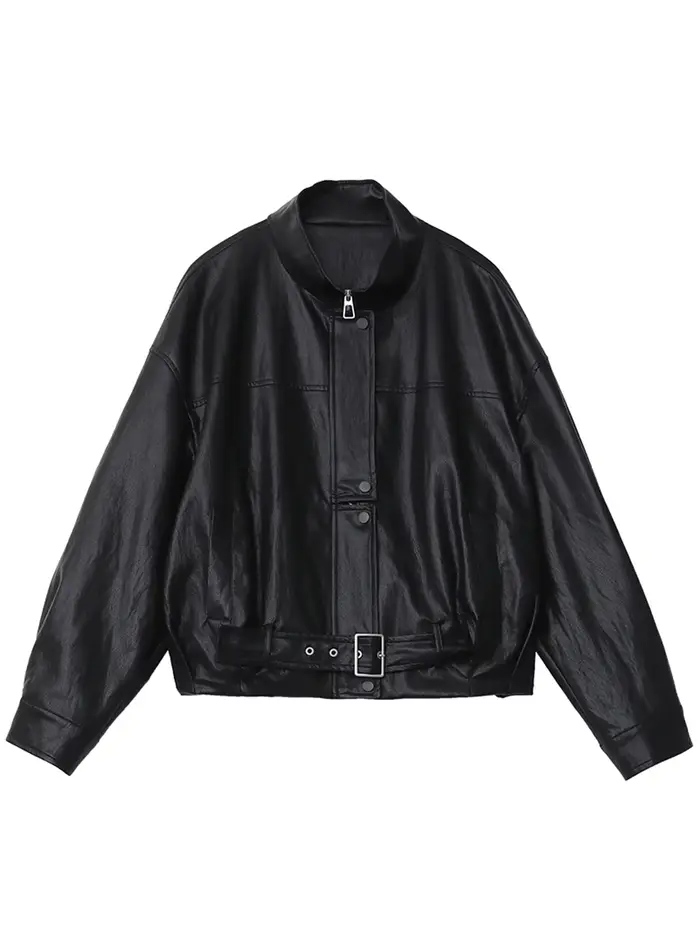 CHIC VEN Nouvelle Veste Courte Femme en PU Style Motard Coupe Ample Col Montant Unie Coupe-Vent Prin