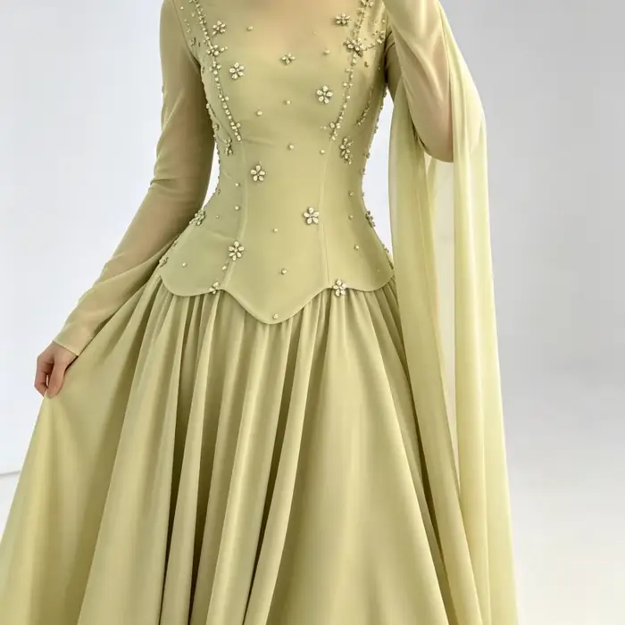 Robe de soirée corset à manches longues 2026 avec appliques florales perlées, dos lacé, coupe trapèze, pour femmes, élégante pour soirées officielles et événements spéciaux