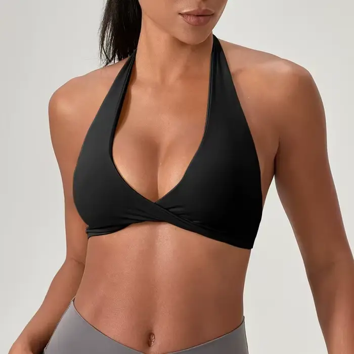 Dámská sportovní podprsenka, V-neck, vpředu zkroucená, hedvábná tkanina, bez zad, trendy, pro jógu