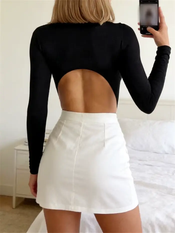 Dámská neoprénová kombinéza, kulatý výstřih, dlouhý rukáv, výstřih, body tight, top, jarní léto, sexy košile, novinka 2026